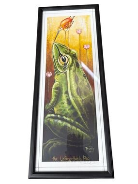 Framed 'The Unforgettable Kiss' Frog & Bird Art Print Shanna Trumbly 20"x8"